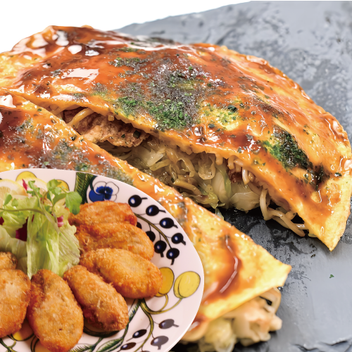 かきフライとお好み焼きの画像